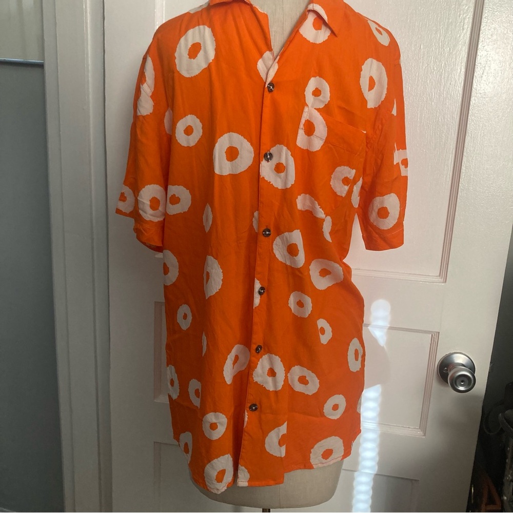 🌱 3 for $30 Mens Sovereign Code orange colorful short sleeve button down shirt M